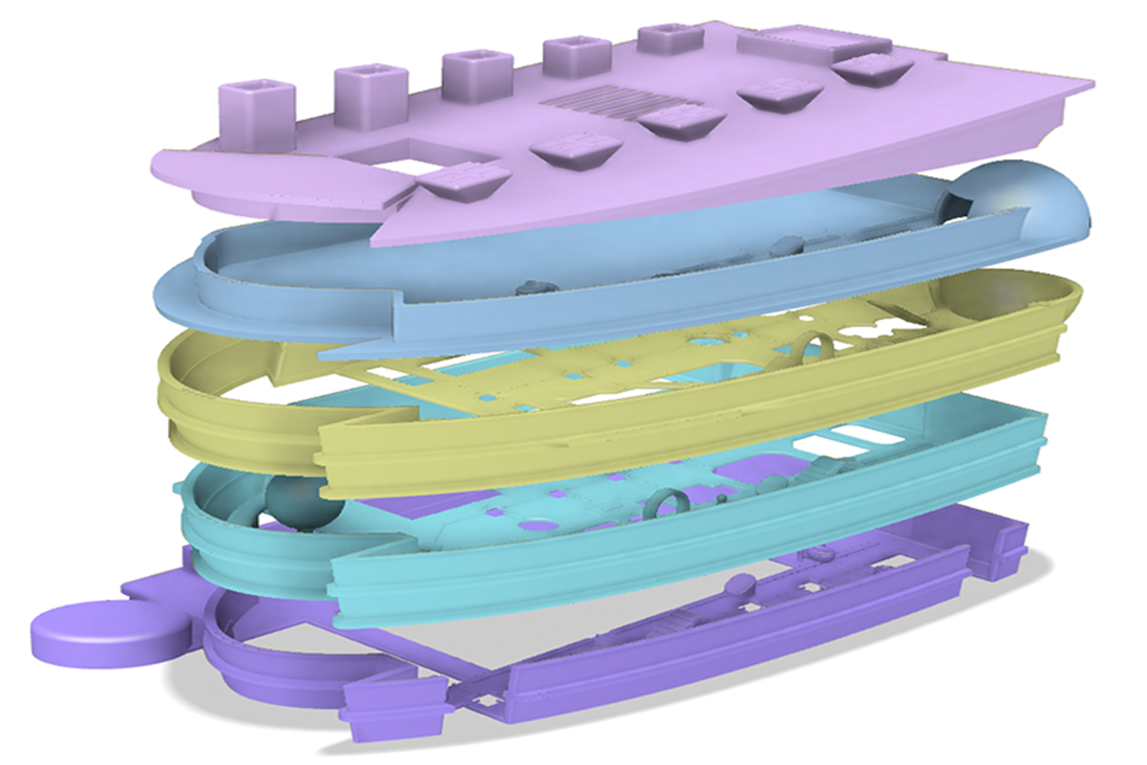 A 3D rendering of the designed model. It breaks into five parts, four floors and a roof, in an exploded view.